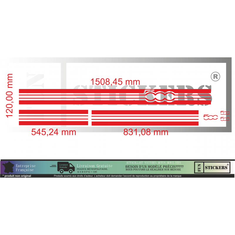 Fiat 500 bandes capot toit hayon kit complet autocollant sticker Fun Stickers