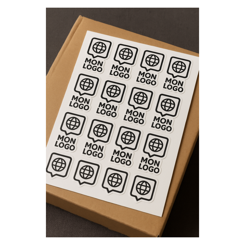 Planche d’autocollants personnalisés logo posée sur boîte en carton kraft – impression professionnelle vinyle
