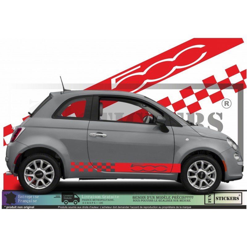 Fiat 500 kit autocollant bas de caisse design damier et logo Fun Stickers