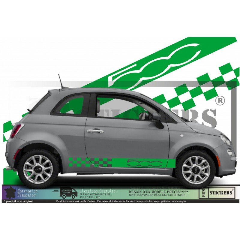 Fiat 500 kit autocollant bas de caisse design damier et logo Fun Stickers