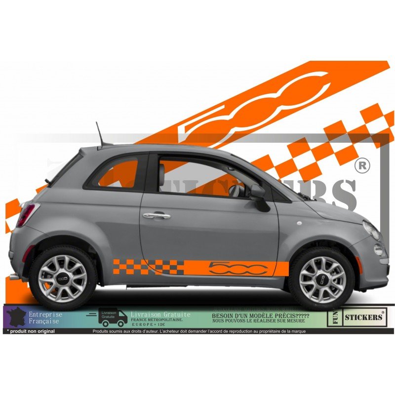 Fiat 500 kit autocollant bas de caisse design damier et logo Fun Stickers