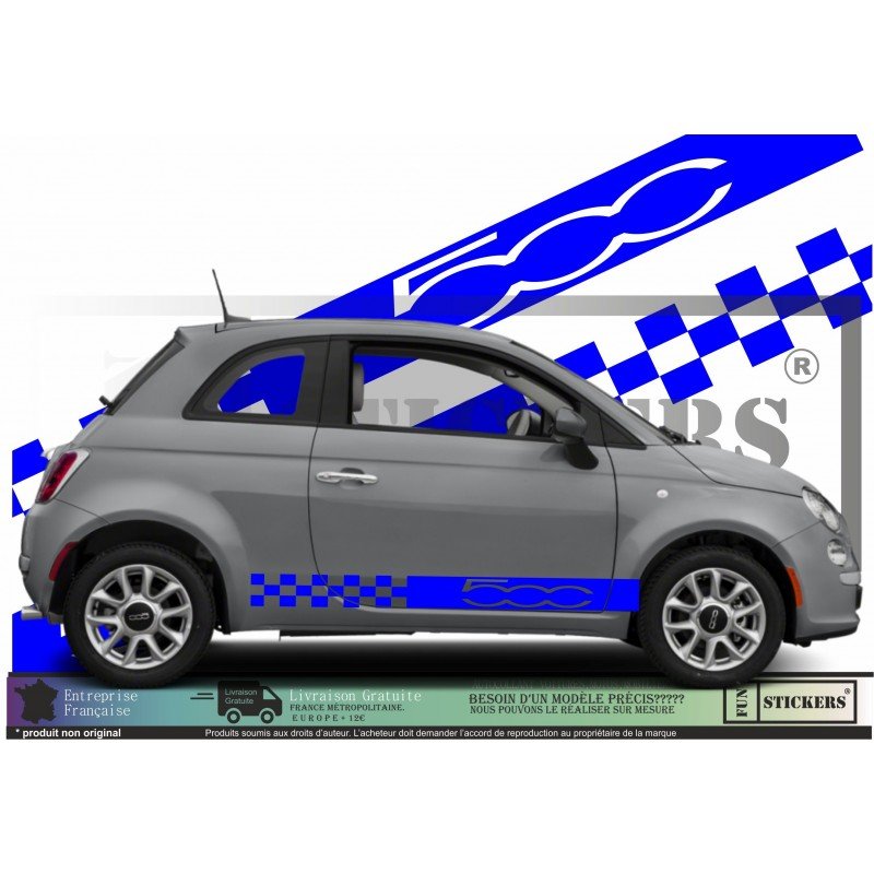 Fiat 500 kit autocollant bas de caisse design damier et logo Fun Stickers