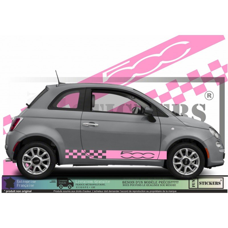Fiat 500 kit autocollant bas de caisse design damier et logo Fun Stickers