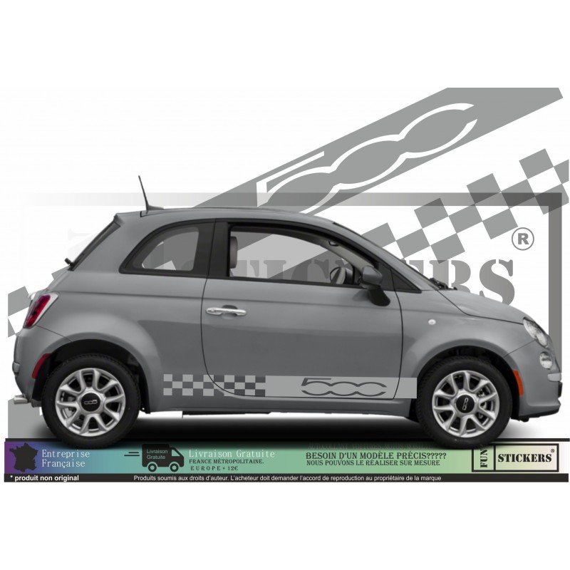Fiat 500 kit autocollant bas de caisse design damier et logo Fun Stickers
